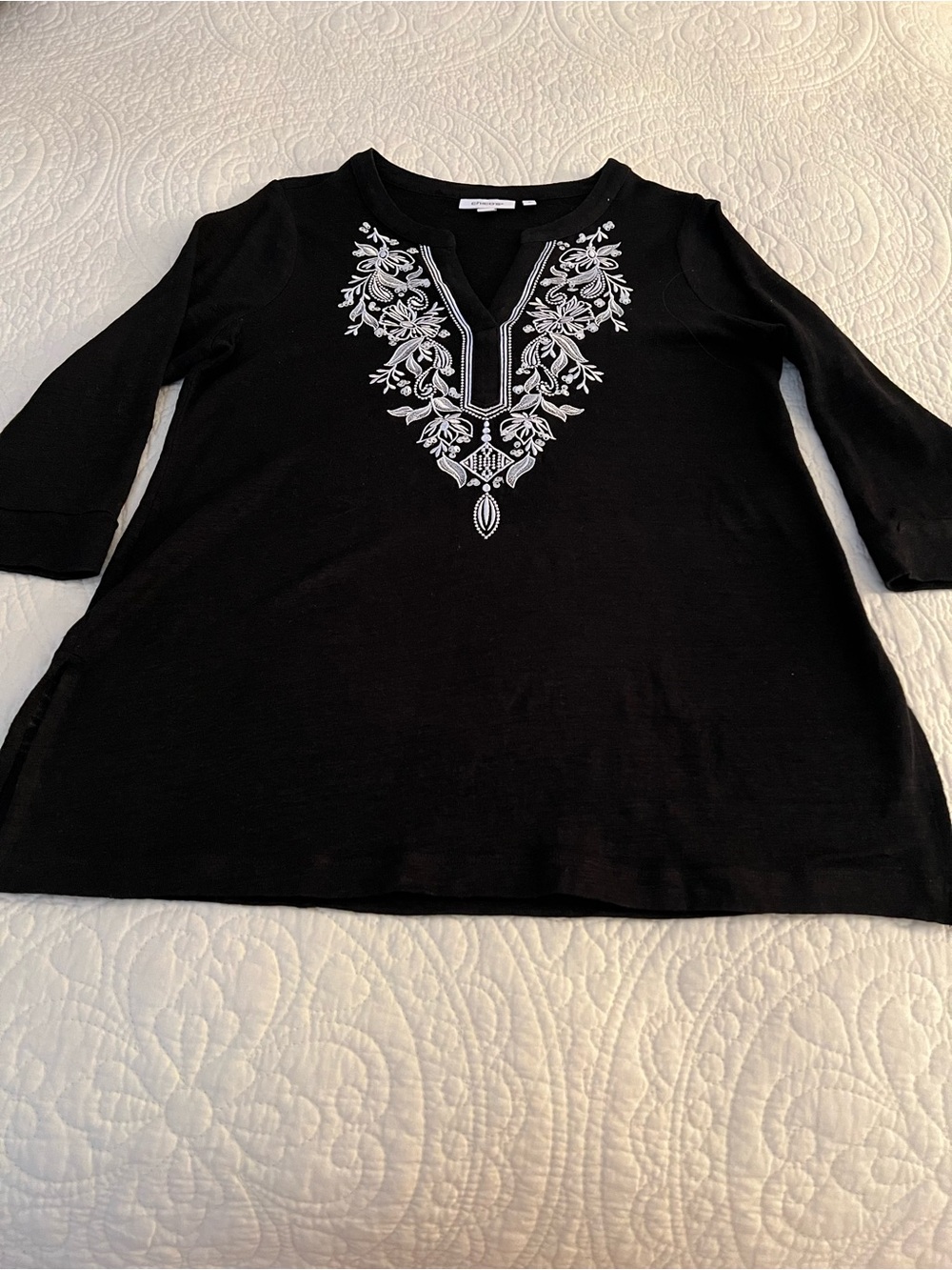 Chico's Black Tunic with White Embroidered V-Neck
